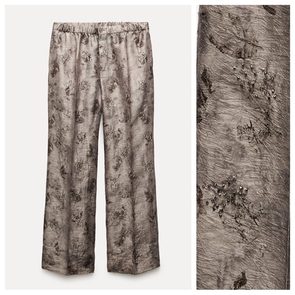 NWT. Zara ZW Collection Brown/Gray-Brown Embroidered Pants. Size XS. - Picture 4 of 11